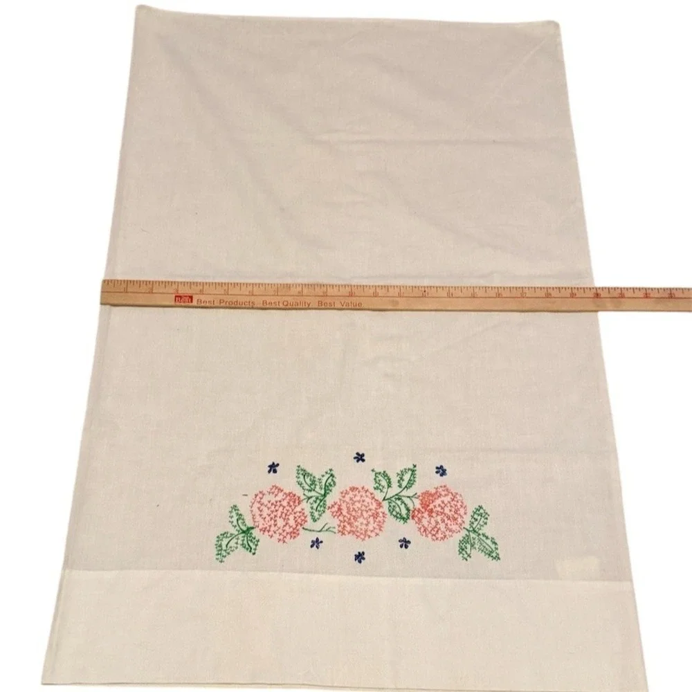 Vintage Pillowcase White Hand Embroidered Pink Floral Blue Accents Hemmed‎
